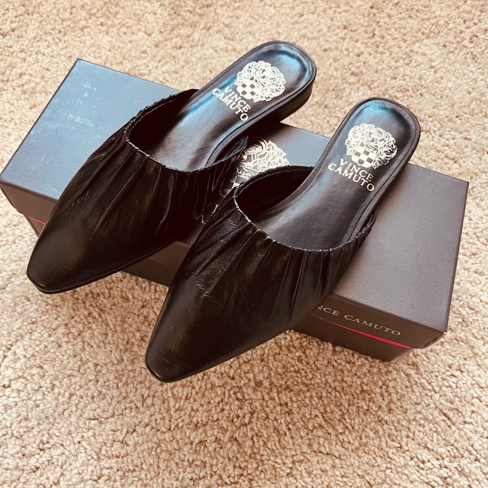 Vince Camuto Black Suede Mules with Ruched Detailing